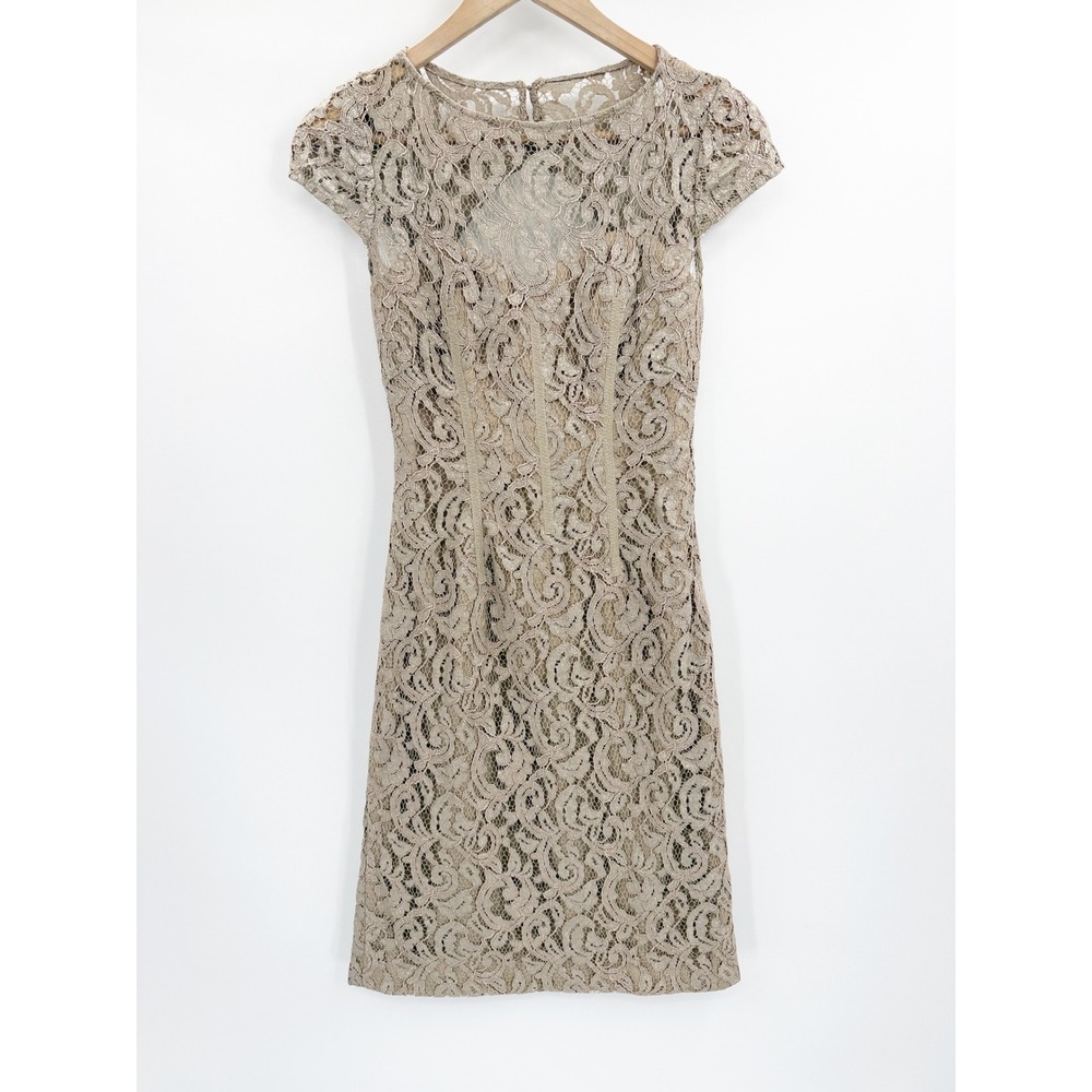 ML Monique Lhuillier Lace Cocktail Dress Champagne Taupe Open Back Size 0